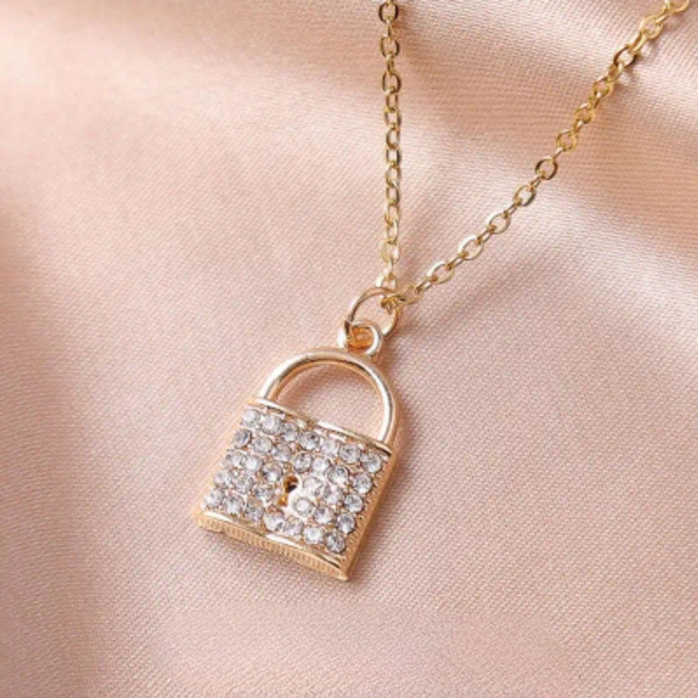 Gold padlock pendant necklace with pave zircon stones. Titanium steel. New!